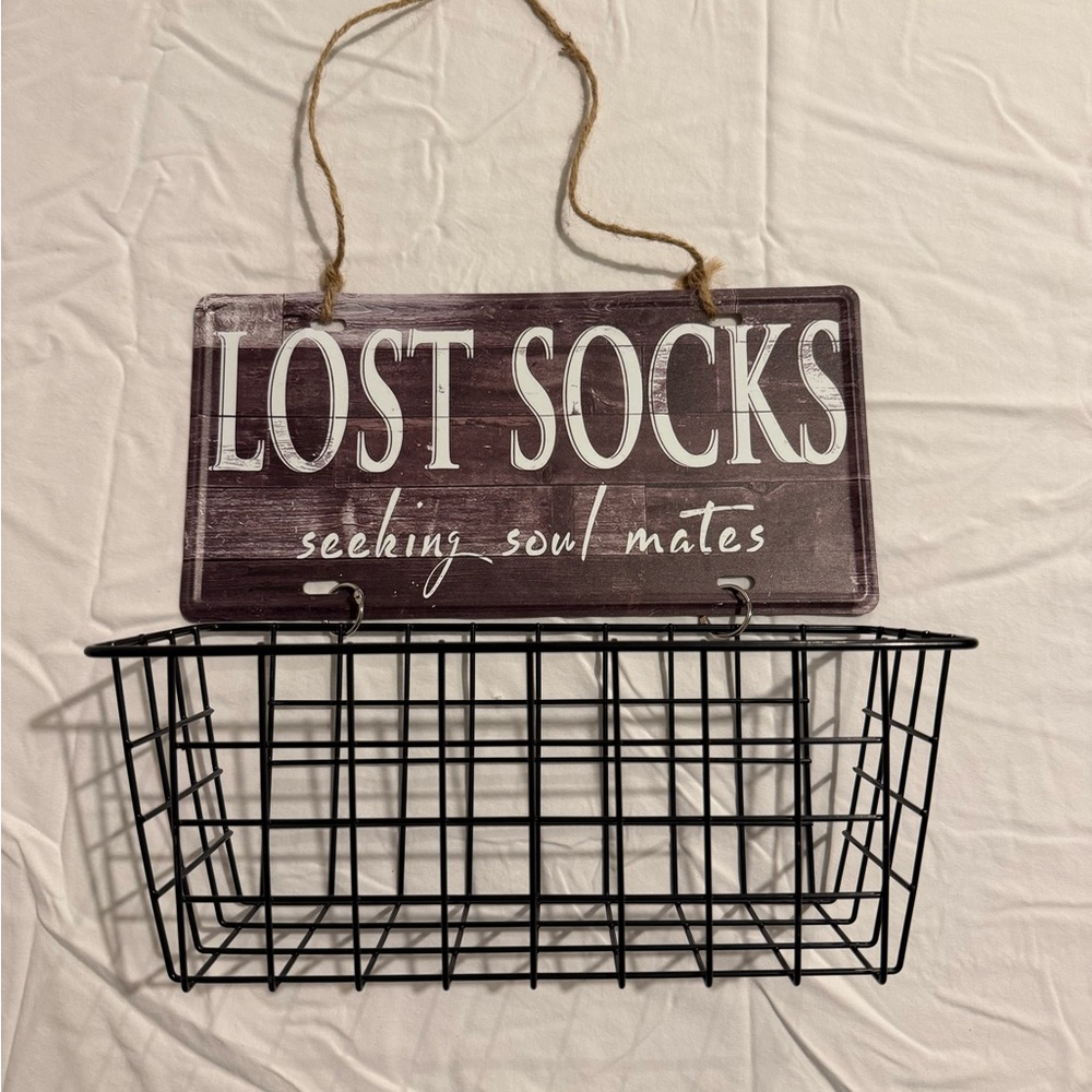 Lost Socks Sign with Wire Basket